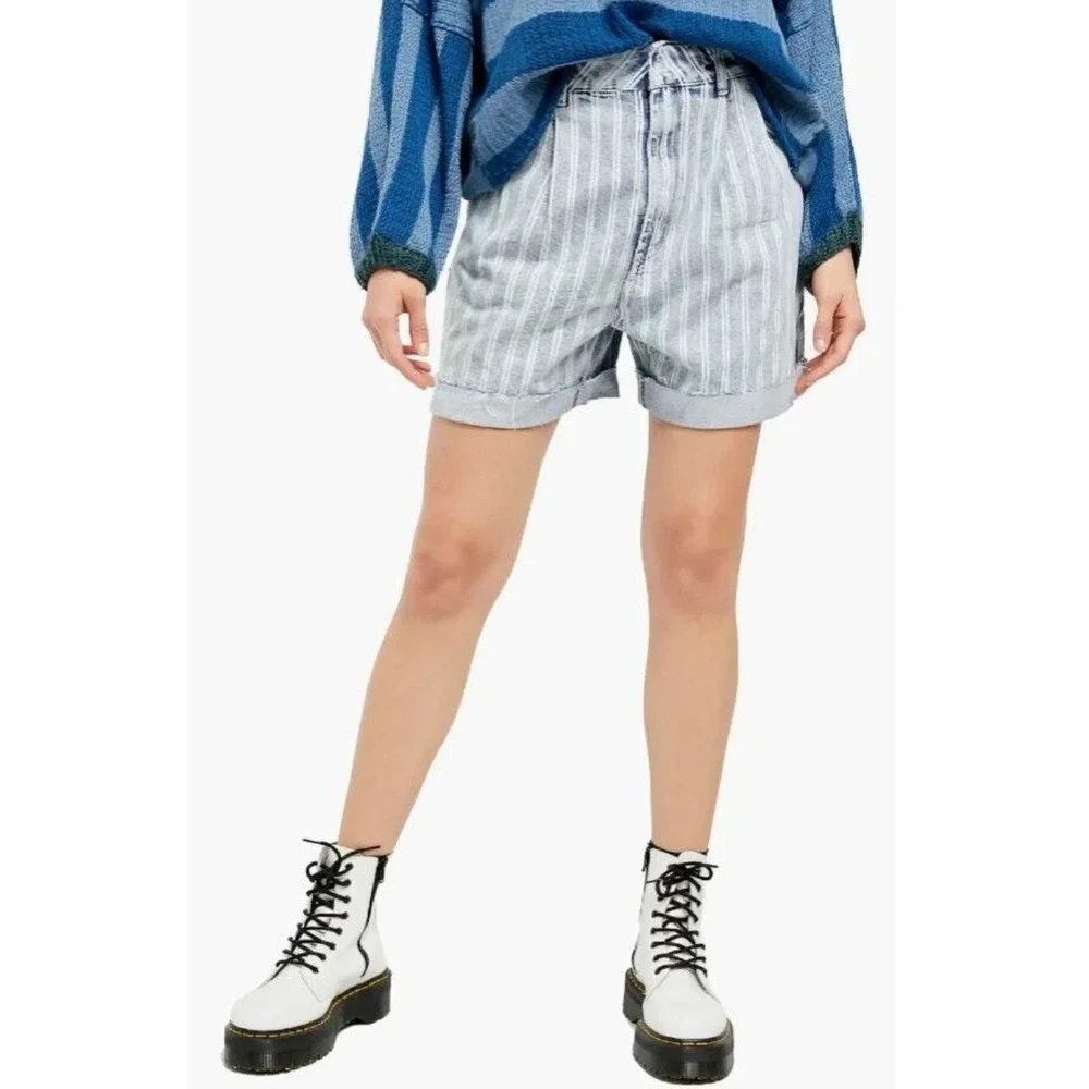 Free People Dogtown Cutoff Denim Shorts Womens 26 Blue Striped High Rise Pleated